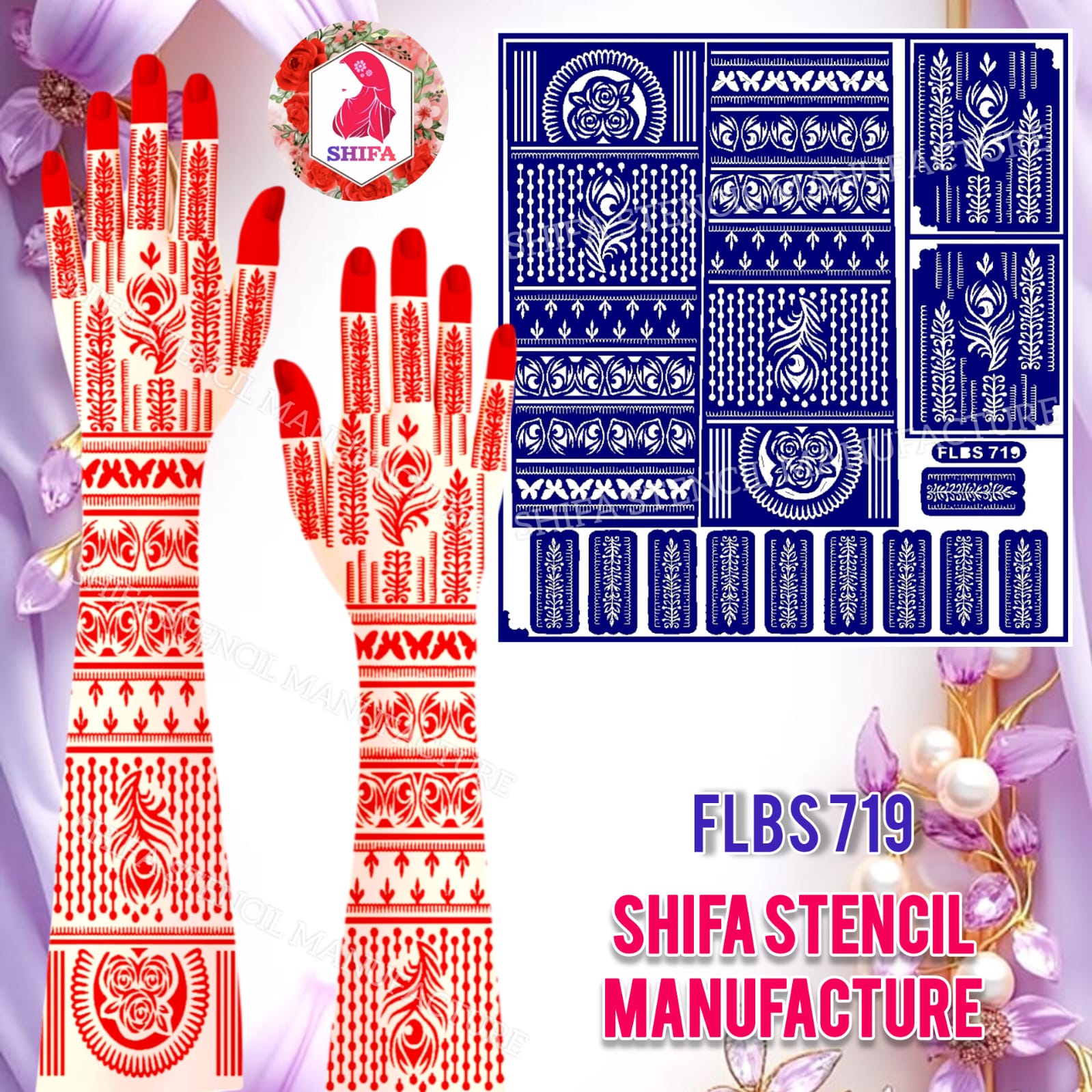 FLBS 719 Royal Peacock Floral Mehndi Sticker Overview Henna Stencil - Shifa Stencil